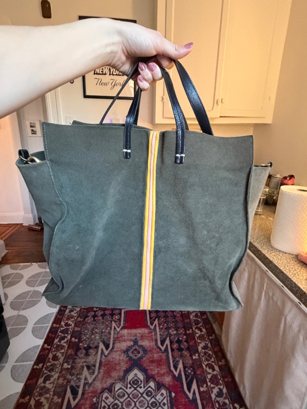 Clare V Suede Tote, Olive with Pink, White, Yellow Stripes